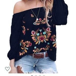 Black chiffon embroidered off the shoulder LG